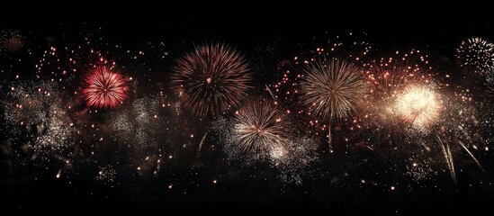 Fototapeta premium New Year fireworks illuminating skyscrapers in night sky with vibrant colors and sparkling effects against a dramatic black background