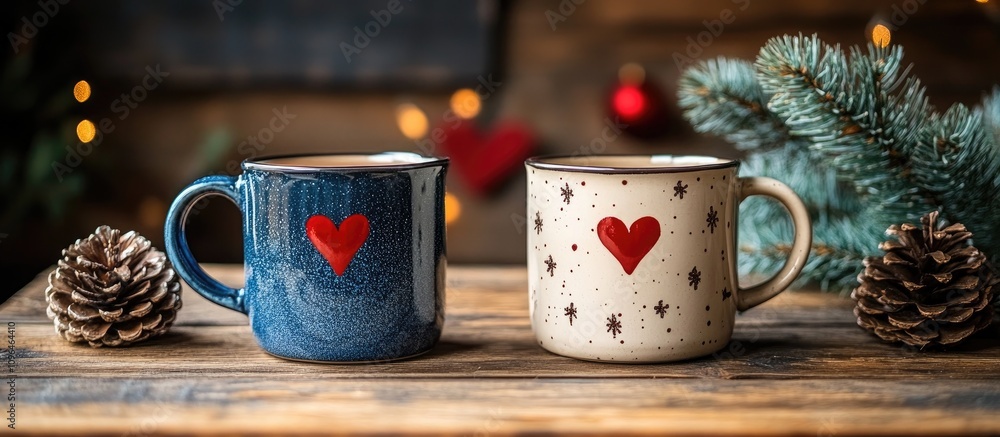 Poster christmas mugs with heart designs surrounded by pine cones and a festive tree creating a warm holida