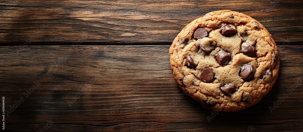 Poster Freshly baked chocolate chip cookie on a rustic wooden table with ample space for text or a message. Perfect for culinary promotions.