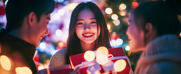 Friends exchanging gifts with joy in festive holiday setting