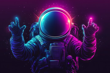 A vibrant, neon-colored astronaut in space, reaching out with glowing hands.