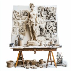 Sculptor's workspace: clay statue, sketches, tools.