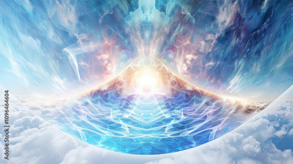 Poster exploring quantum tunneling geometric particle transmission in luminescent energy patterns scientifi