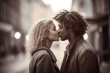 Naklejka premium A young married couple in love hugs and kisses romantically. AI generated.