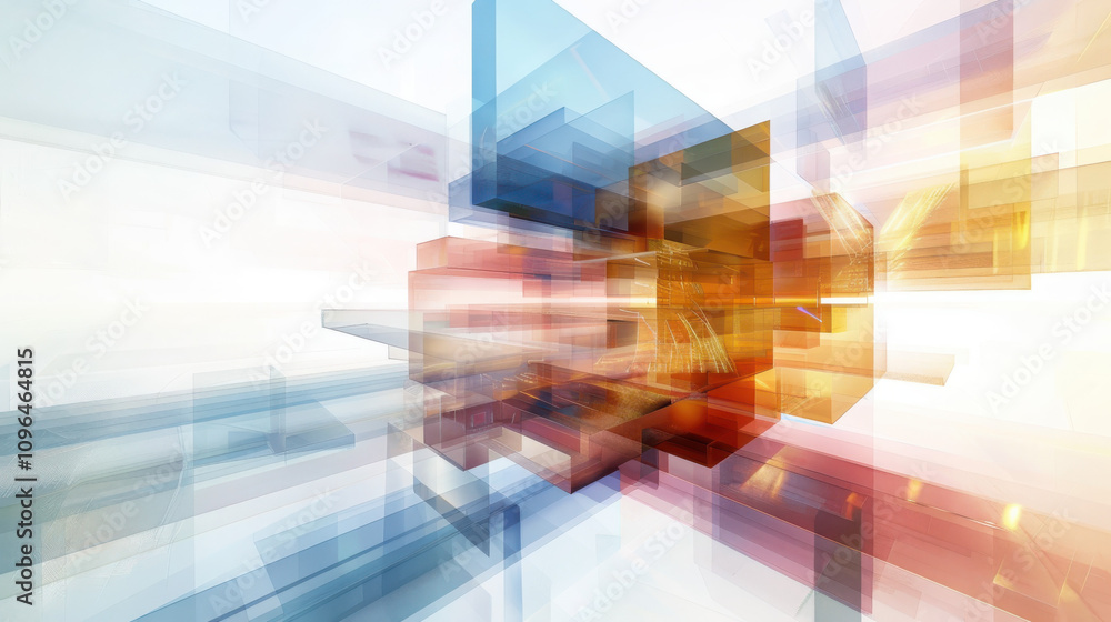 Poster exploring quantum superposition landscapes overlapping realities in transparent dimensional layers w