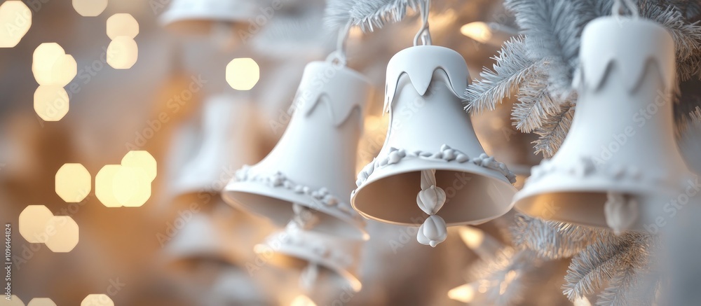 Aufkleber Elegant white Christmas bells hanging on a festive tree with soft bokeh background creating a warm holiday atmosphere.