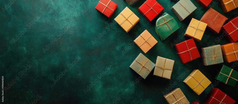 Poster colorful gift boxes in various sizes arranged on a dark green background with ample space for text a