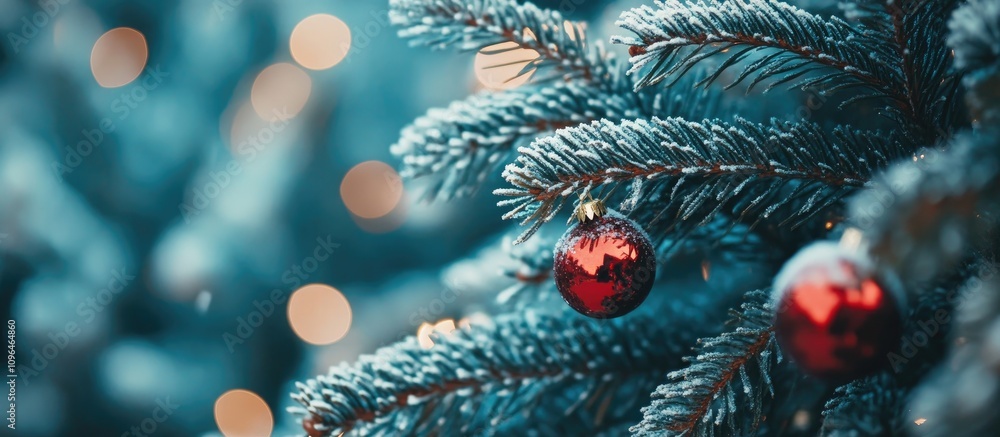 Aufkleber spruce branches decorated with festive ornaments for a serene winter background with space for text 