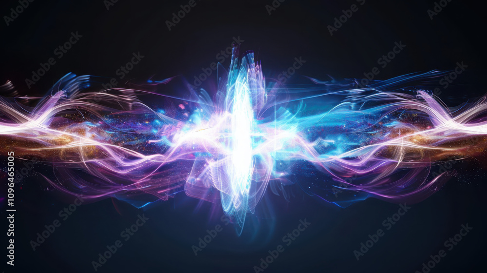 Poster visualizing quantum entanglement geometric particle connections and luminescent energy flows in elec