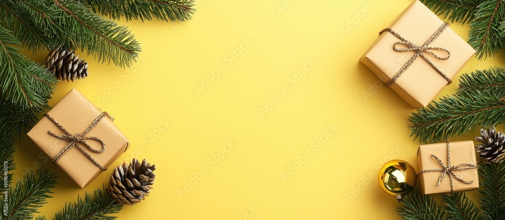 Poster festive yellow background with green tree branches gift boxes and pine cones creating a decorative c