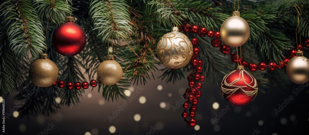 Poster elegant christmas ornaments in red and gold hanging on fir tree branches with a soft bokeh backgroun
