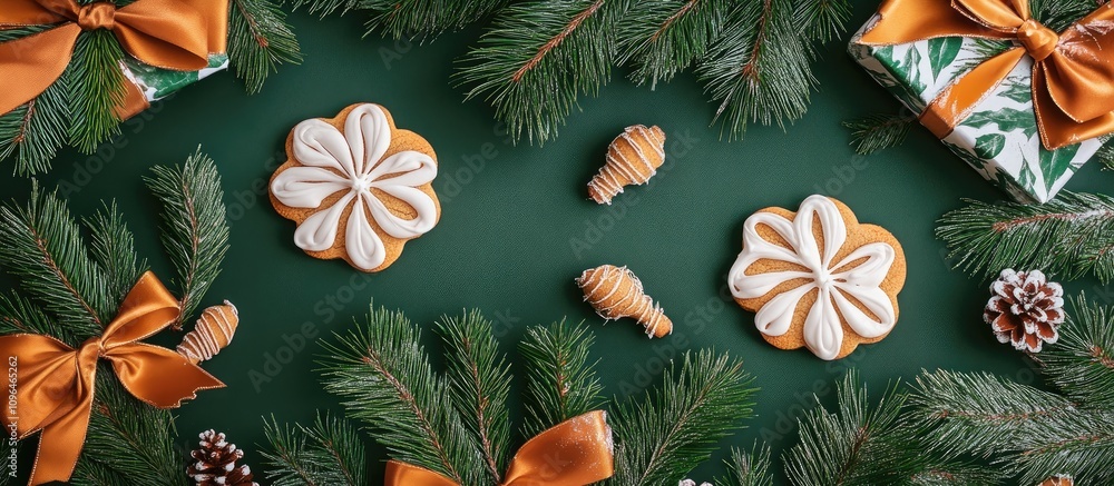 Poster vibrant gingerbread cookies with decorative icing surrounded by fir branches and festive bows on gif