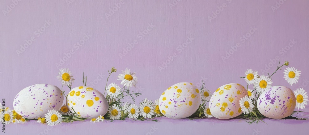 Poster painted easter eggs with chamomile flowers on a soft lilac background creating a festive and vibrant