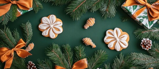 Vibrant gingerbread cookies with decorative icing surrounded by fir branches and festive bows on gift wrapping paper backdrop