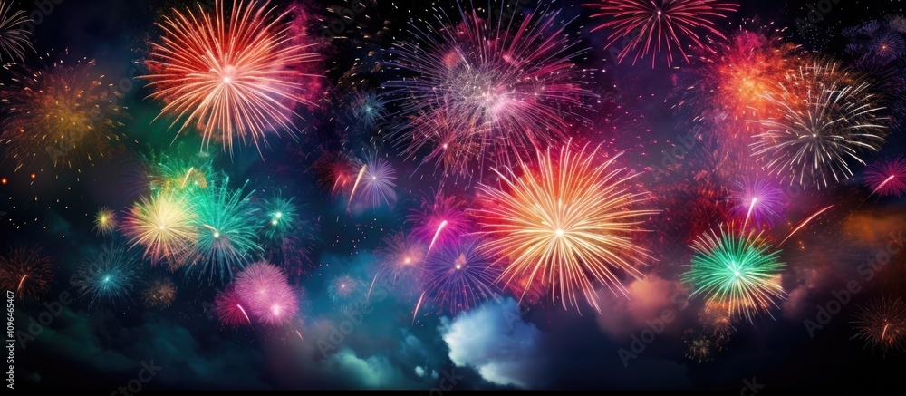 Aufkleber Vibrant fireworks display illuminating the night sky with a spectrum of colors and patterns in a festive celebration atmosphere