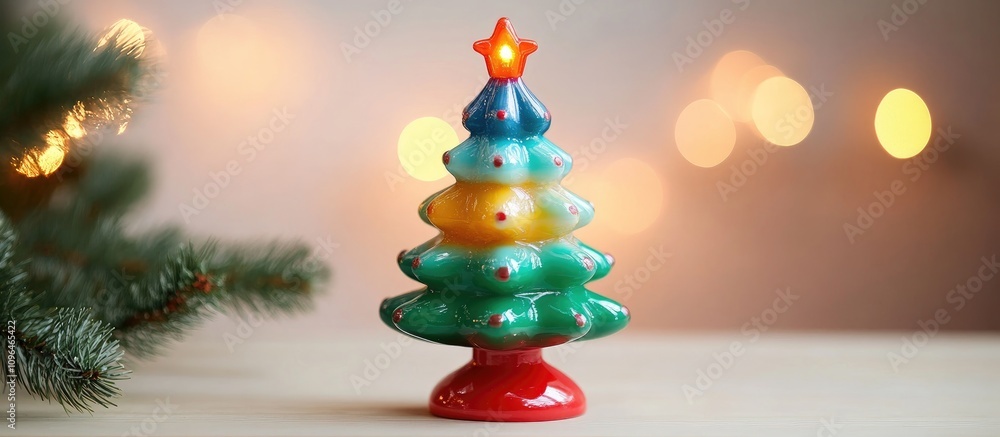 Poster retro christmas tree ornament with star atop set against a softly blurred festive background creatin