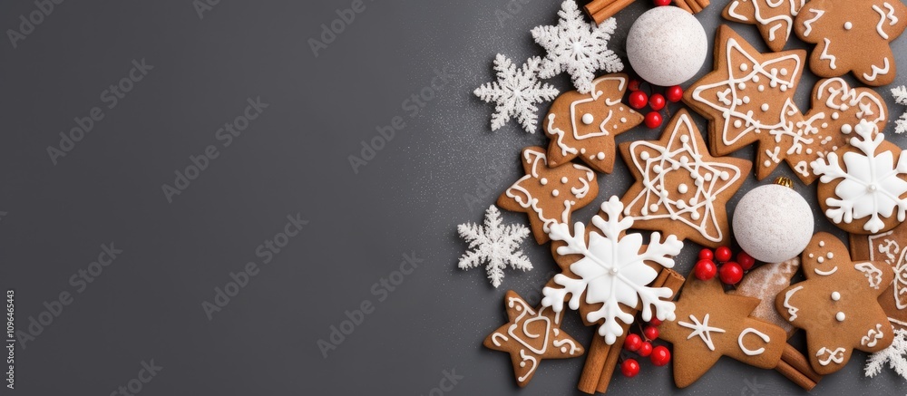Poster christmas gingerbread cookies arrangement on gray backdrop with festive decorations and space for te