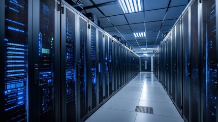 Illuminated Server Racks Line Modern Data Center Corridor
