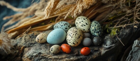 Obraz premium Decorative arrangement of colored quail eggs on natural materials for a festive Easter celebration and seasonal decor inspiration