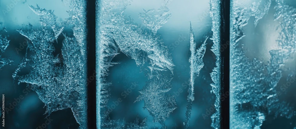 Poster frosty window patterns create a serene winter atmosphere with intricate ice designs and a captivatin