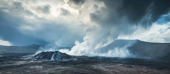 Fototapeta premium Dramatic volcanic landscape under stormy skies with smoke and ash rising from the crater creating an atmospheric and intense natural scene