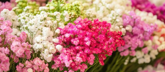 Fototapeta premium Multicolored gypsophila bouquet with selective focus showcasing vibrant blooms against a soft blurred background
