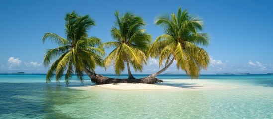 Tropical palm trees on a serene island beach with turquoise waters and clear blue skies showcasing paradise scenery