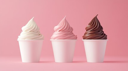 Mockup collection of strawberry vanilla and chocolate soft serve ice cream in blank paper cup packaging templates isolated on a white background  8k Resolution  