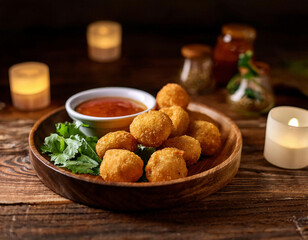 Flavorful Asian dish featuring crispy fried bites with spicy sweet dipping sauce on a rustic table 