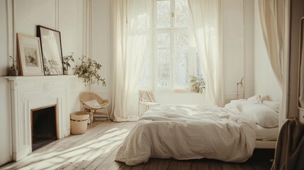 Bright and airy bedroom with a charming white fireplace, billowing curtains on the window, and neutral furnishings for a peaceful look