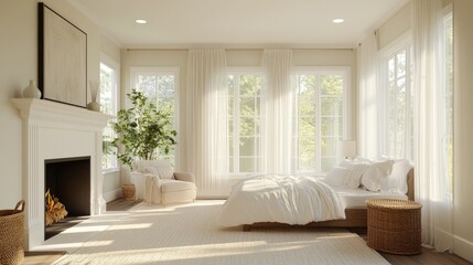 Bright bedroom featuring a classic white fireplace, sheer curtains on tall windows, and cozy minimalist furniture in soft, warm tones