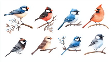 Fototapeta premium A collection of colorful birds perched on branches, showcasing various species in a vibrant and artistic illustration.