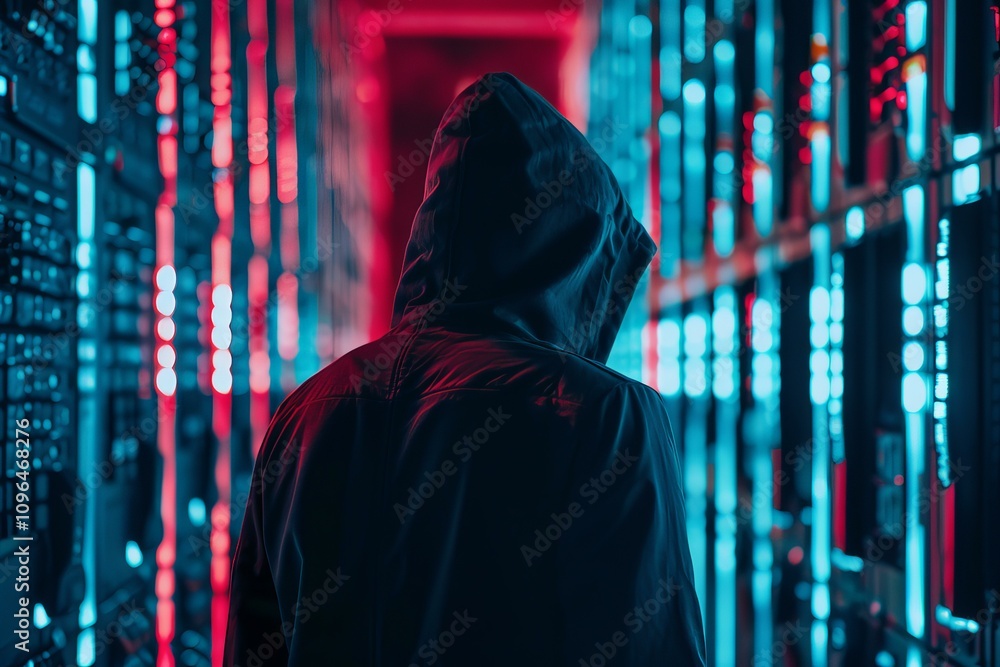 Poster hacker walking in server room corridor with red and blue lights