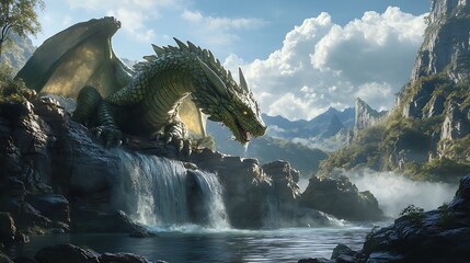 Mystical dragon roaring with "Dragon" written across tranquil waters.