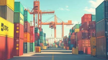 Container yard with stacks of colorful containers and cranes