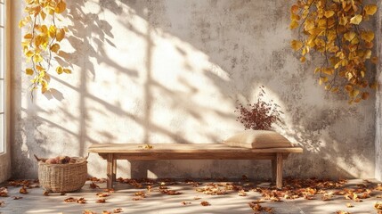 Cozy autumnal vibe with leaves and a rustic wooden bench