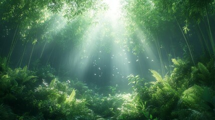 Obraz premium Serene Bamboo Forest: Sunlight Filters Through Lush Foliage