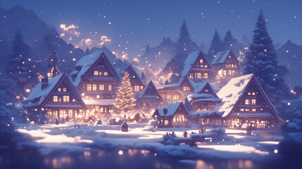 snowy village, countryside, Merry Christmas and Happy New Year banner with copy space