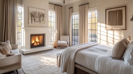 Spacious bedroom with a white fireplace surrounded by modern decor, soft billowing curtains framing large windows, and warm natural light