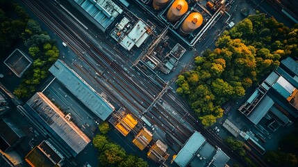 Aerial view of industrial complex surrounded by vibrant greenery and railway tracks.
