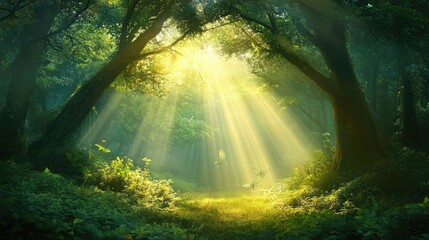 Dark forest with sunlight streaming through, symbolizing hope amid darkness