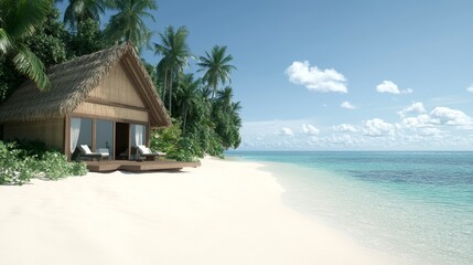 Fototapeta premium Unique tropical beach house with bamboo walls, set right on a quiet beach, surrounded by coconut trees and tropical flowers, Photorealistic