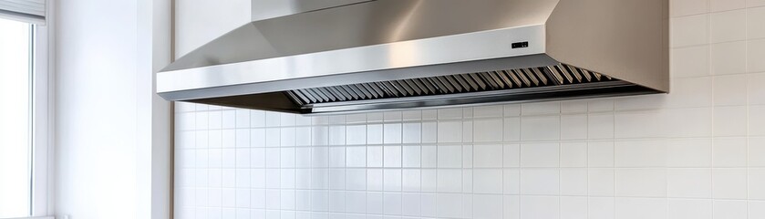 A modern kitchen hood installed above a clean, white tiled backsplash, enhancing ventilation and style in a contemporary kitchen setting.
