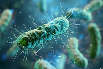 Fototapeta premium 3d rendered illustration of rod shaped bacteria with flagella and pili, highlighting their role in motility and attachment