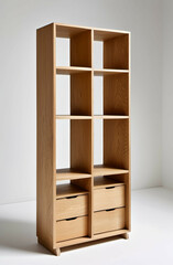 Fototapeta premium A freestanding bookshelf with alternating open and closed compartments, crafted in oak wood, positioned on a white background.