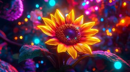 An Impressive Visual of a Yellow Sunflower Illuminated by Neon Lights in an Energetic Gaming Atmosphere