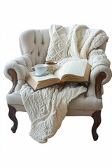 Cozy armchair, book, tea, blanket, relaxation.