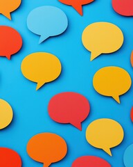 Colorful speech bubbles on a vibrant blue background, representing communication, dialogue, and expression in a playful, artistic style.