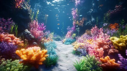 Naklejka premium Vibrant Coral Reef Underwater Scene With Colorful Fish