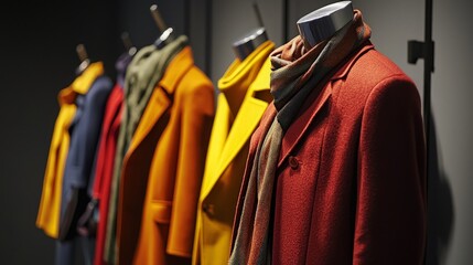 Colorful coats and scarves on display in a retail store.